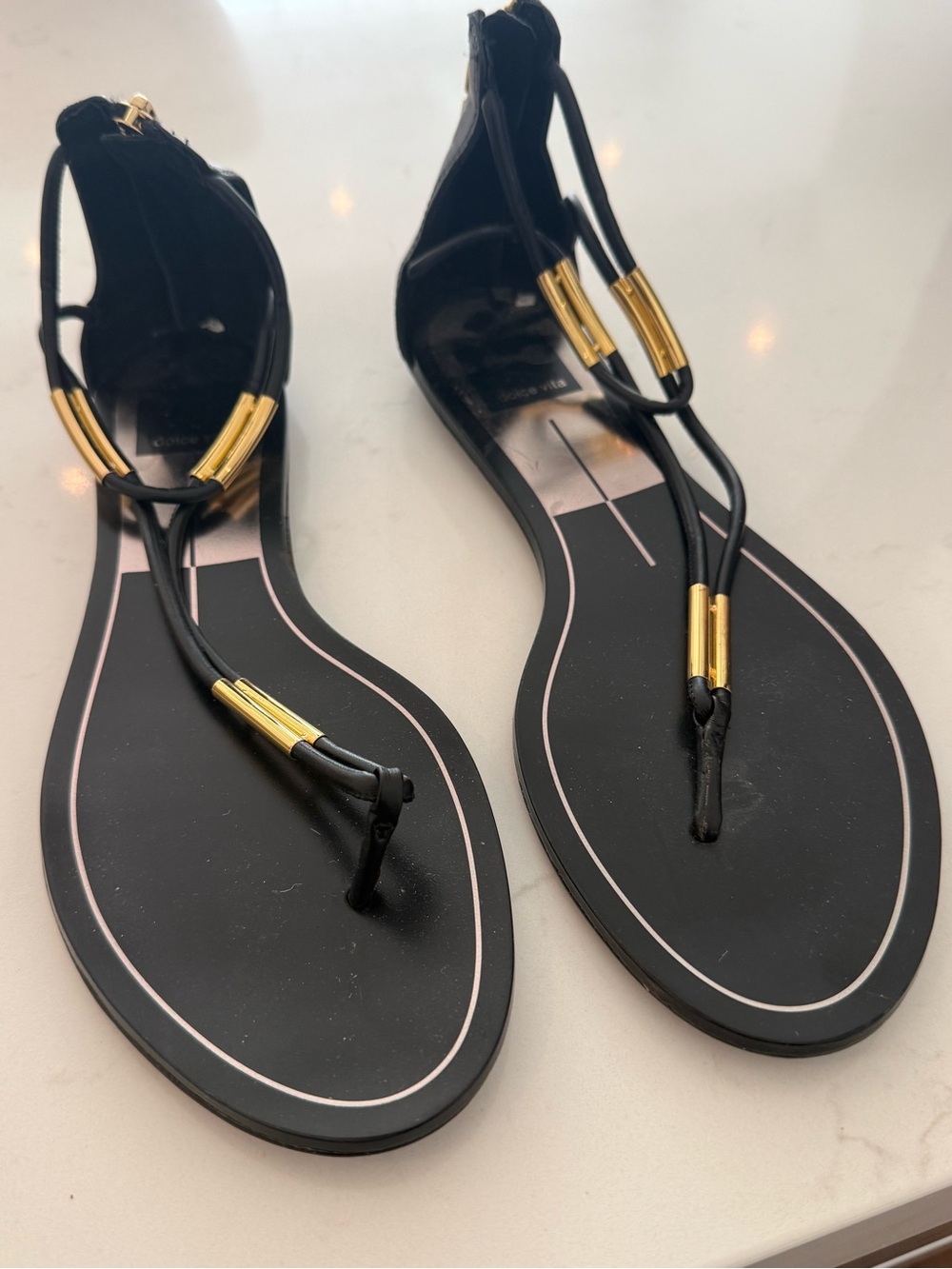 Dolce Vita Black Sandal Thong with Gold Tube Accents